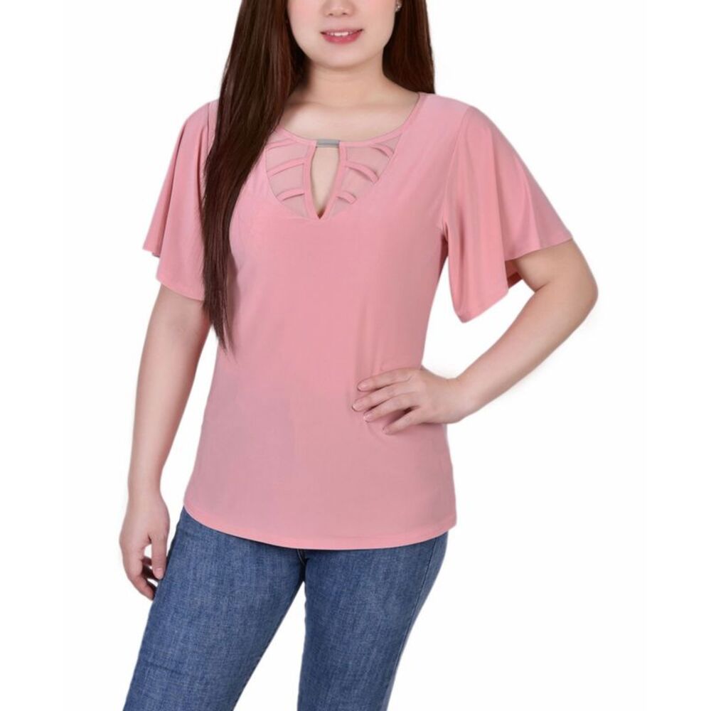 NY Collection Petite Mesh Flutter Sleeve Knit Top